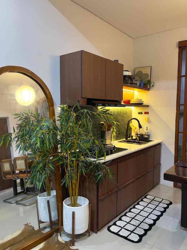 Brown-toned kitchen space featuring upper and lower cabinets, green plant, with a modern and compact atmosphere