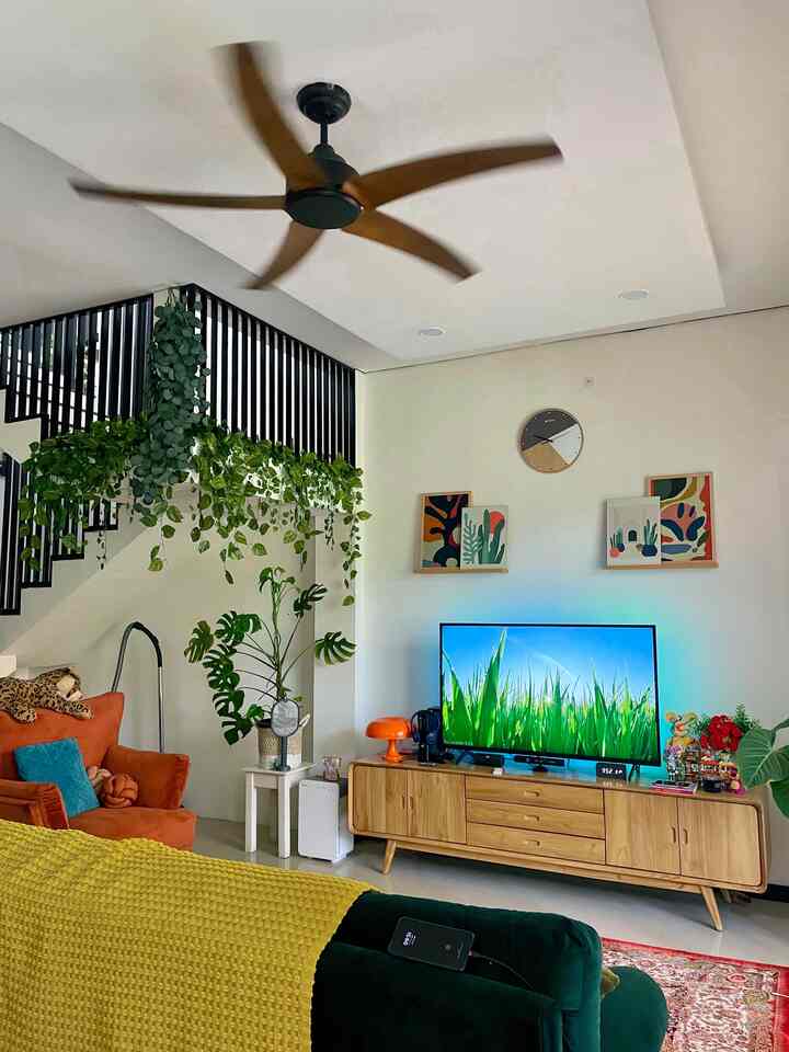 Natural color and wood tone living room featuring orange sofa, TV stand, and various plants creating a cozy atmosphere