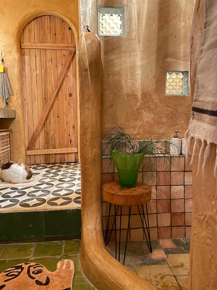 Natural tone bathroom space featuring wood elements, cozy plant decoration, and a resting cat creating a warm atmosphere
