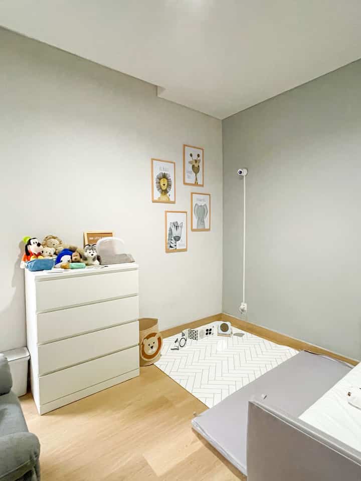 Our newly done #nursery. Our baby was born prematurely at 34 weeks. So his nursery was not done yet and we were busy with NICU visits and adjusting to having a baby at home once he got home. This is not 100% done yet as we plan to replace the Lumba playmat with a proper wooden bed frame. Do let us know if you have any vendor recommendation #babyroom #kidsroom #junglethemed #japandi #BSD #RumahCluster