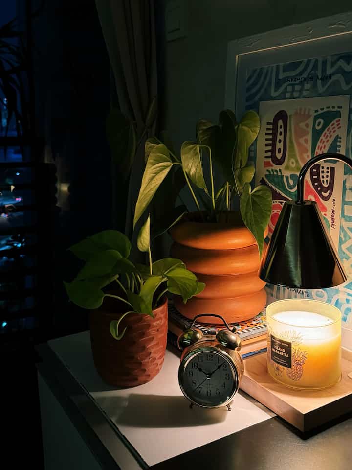 Cozy natural-tone entrance table with warm candlelight and table lamp, featuring plant pots and a vintage clock