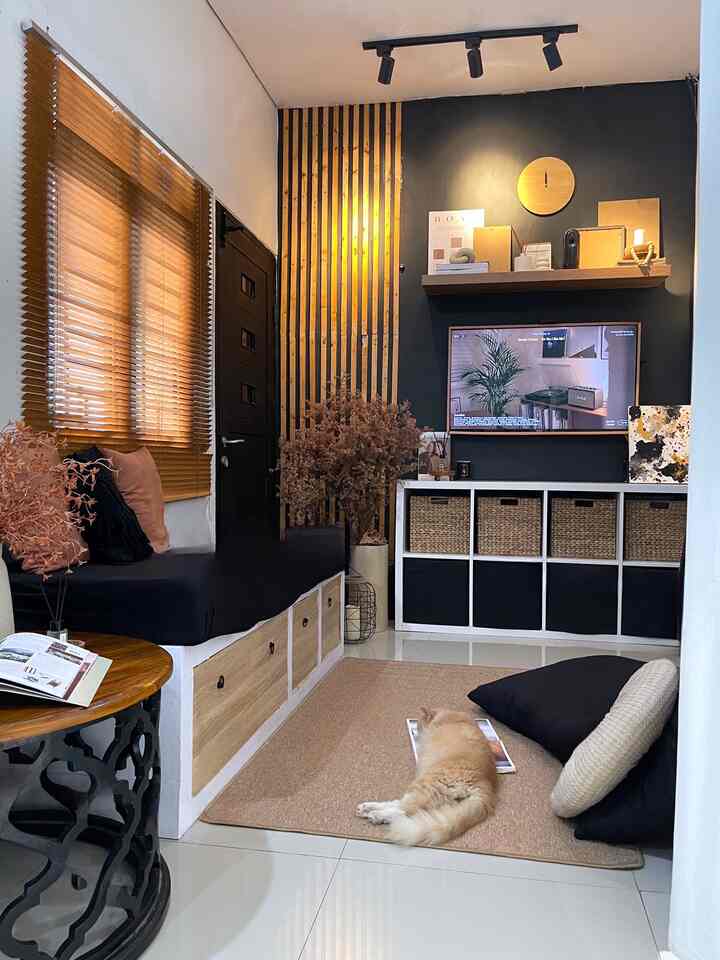 A cozy navy and wood-toned living room featuring wall shelves and storage cabinets, with a cat resting on a beige rug
