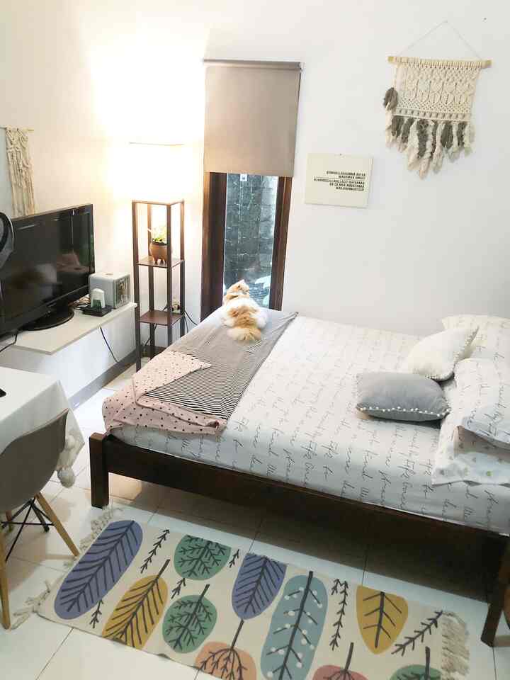kamar tidur berukuran 3x5m ini punya sirkulasi udara ciamik. jendela kecil adalah wishlist, jadi dinding ini kami bobok untuk bukaan jendela dan kami buat kolam kecil untuk mendengar gemericik air.

Cozy, adem, termasuk untuk kucing-kucing. standing lamp di pojokan yang menggunakan lampu yg bisa diatur mengunakan wifi, bisa bikin suasana berbeda. bikin mager 😄


#BedroomStyling #BedroomDecor #MakeOverKamarTidur #decorlowbudhet #bohoscandi #catlover #cozyhome 

