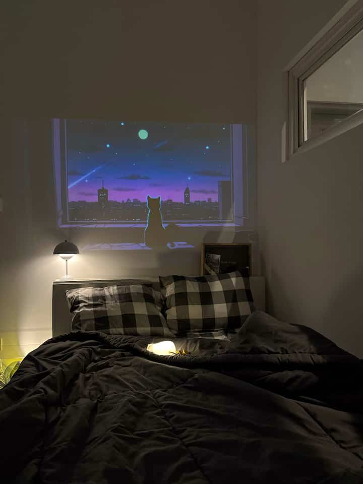 Dark-toned bedroom space featuring checkered pillows and black bedding centrally arranged with cozy atmosphere