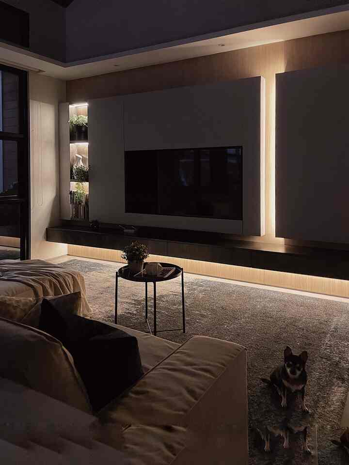 Soft brown toned living room featuring a beige sofa and carpet with a small dog sitting, creating a modern cozy atmosphere