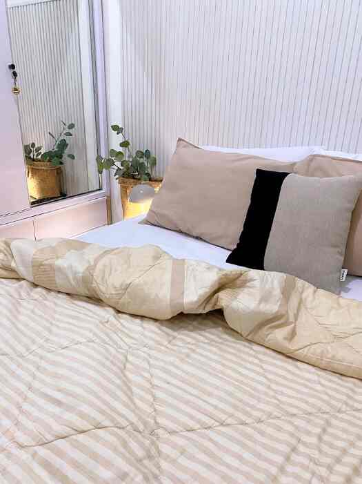 Beige tone and white bedroom featuring a neatly arranged bed and pillows, creating a cozy atmosphere