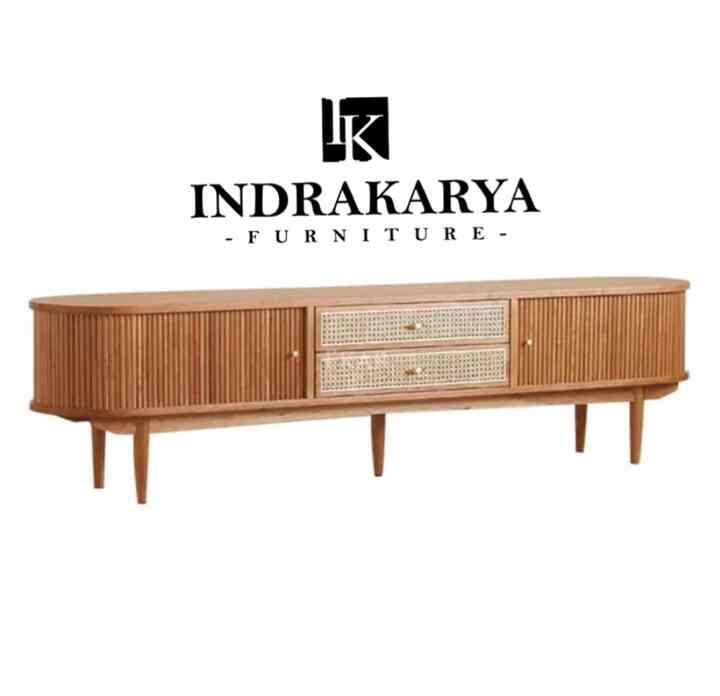 Meja Tv aesthetic laci 2 Rotan Kayu Jati Solid