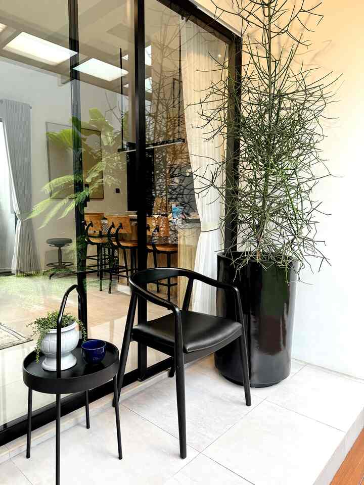 Bright balcony area with black furniture and large green plant on tiled floor
