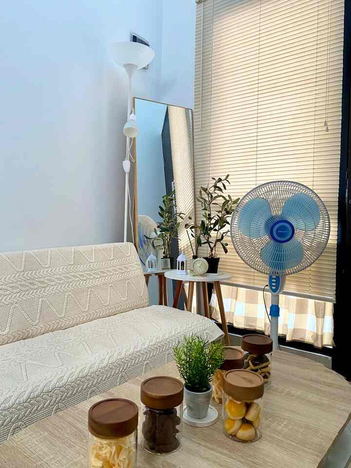 Natural-colored 6-tatami living room featuring a beige sofa, wooden coffee table, plants, and blinds creating a cozy atmosphere