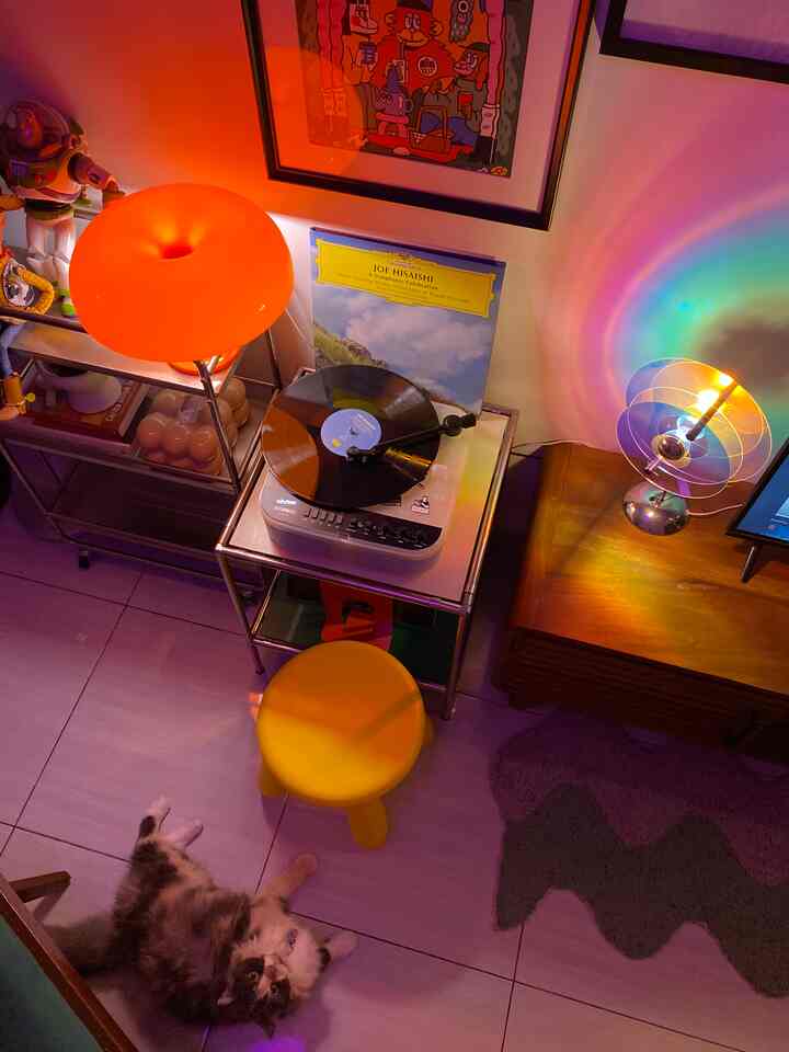 Living room with orange and purple lighting, featuring a turntable and a relaxed cat in a cozy home cafe style interior