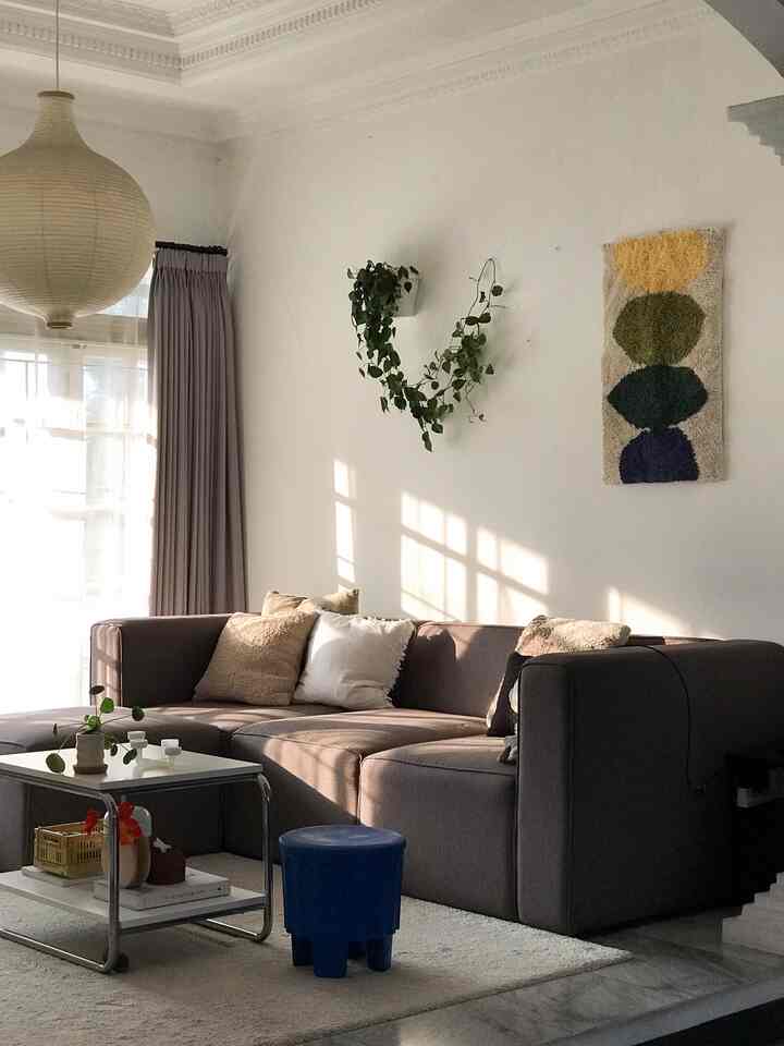 Bright living room with white walls and mid-century modern sofa, featuring cushions and sunlight creating a cozy atmosphere