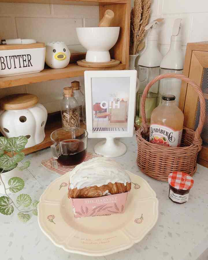 Beige and wood tone kitchen space featuring home cafe style dessert and coffee with a cozy atmosphere