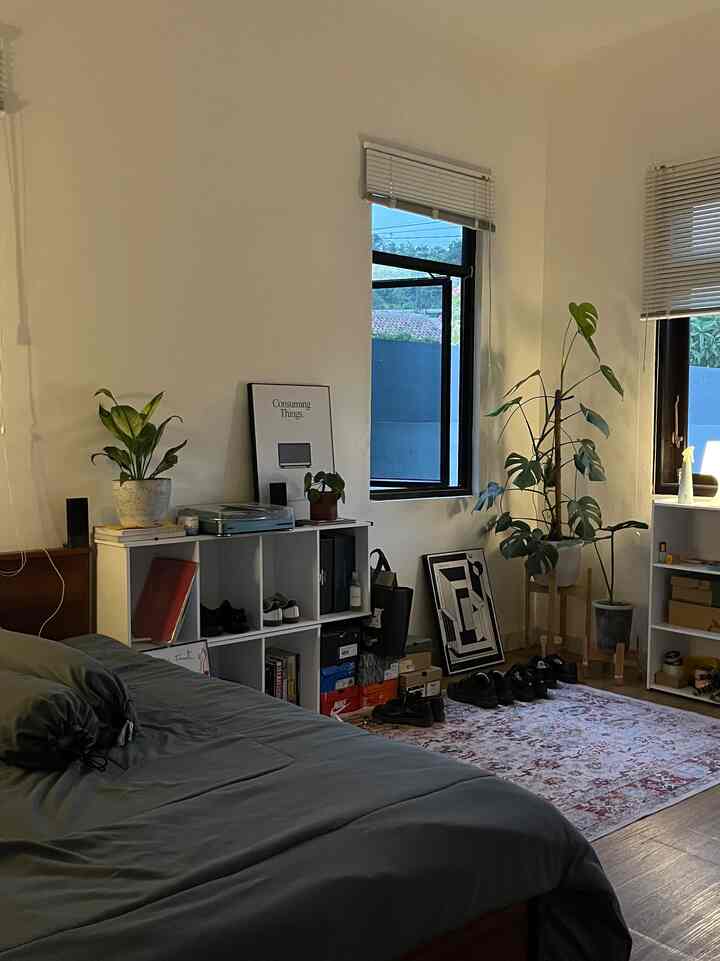 Natural-toned bedroom featuring a gray bedspread and green plants, creating a cozy atmosphere