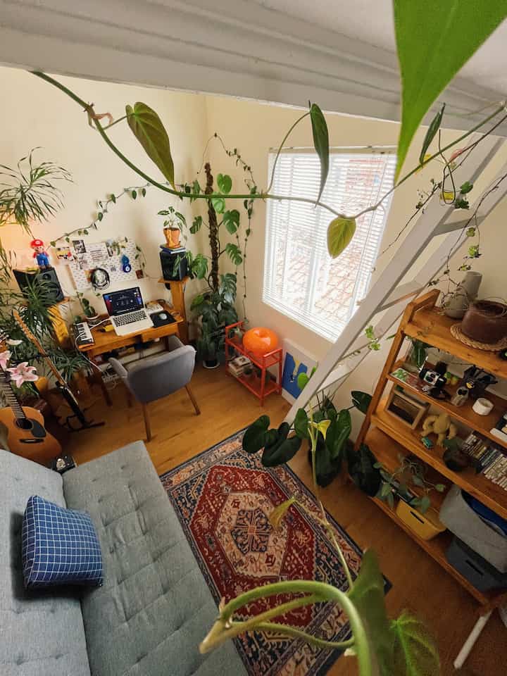 Natural wood tone studio apartment living room featuring sofa, desk, bookshelf, and abundant plants with cozy and tidy atmosphere