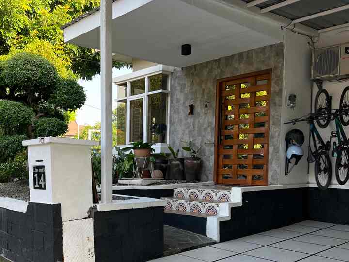 Wood tone entrance door with tiled stairs and arranged plants creating a cozy exterior entry space