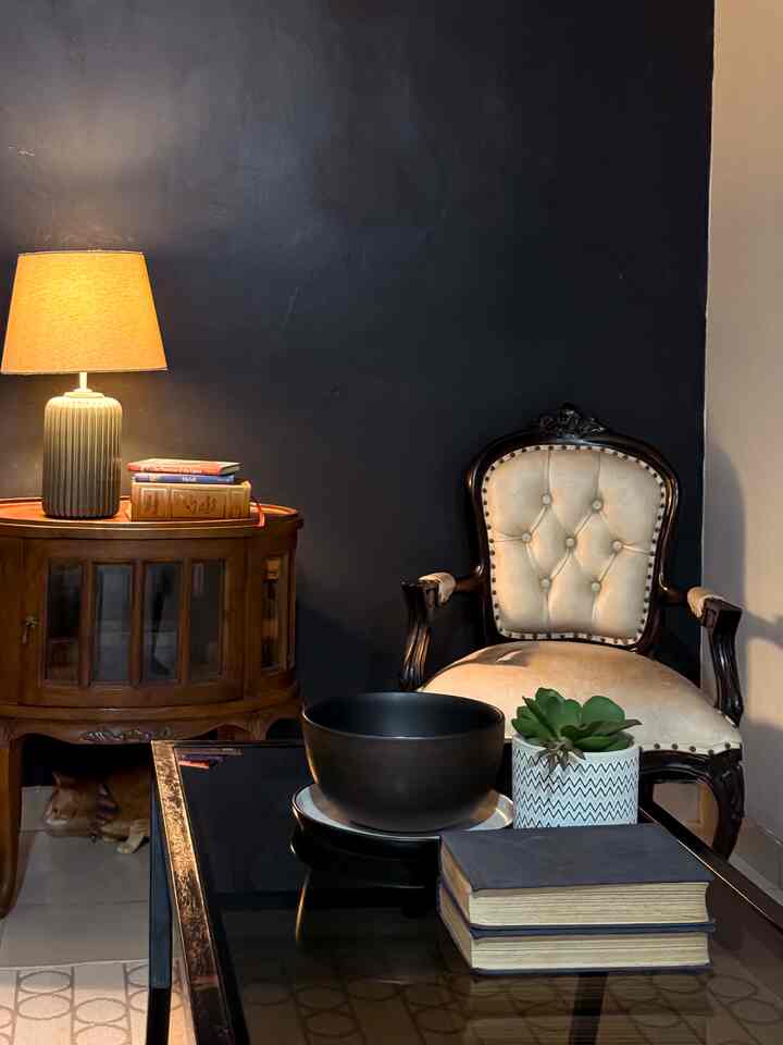 Cozy living room with dark walls featuring vintage armchair, wooden cabinet with table lamp, and small succulent plant on coffee table