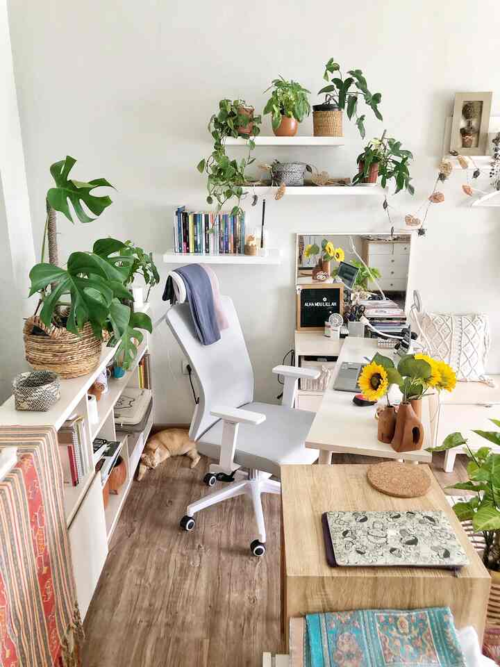Natural white and wood tone home office featuring numerous plants and an ergonomic office chair for a cozy and comfortable workspace