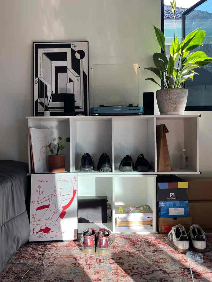 White and natural tone studio apartment featuring posters, a large plant, shoe storage, and audio equipment in a cozy setting