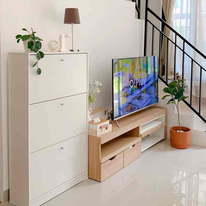White and wood tone living room featuring clean storage cabinets, TV stand, and plants creating a simple, cozy space