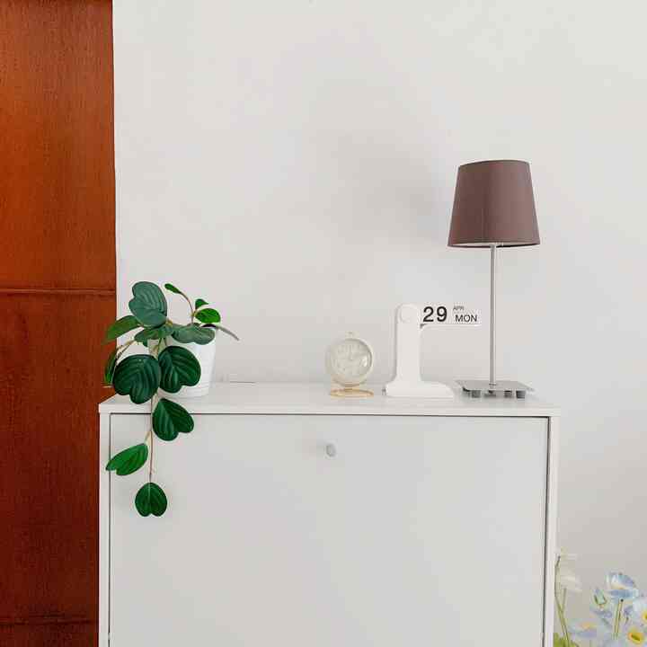Minimal storage space with a white wall and cabinet background, featuring a green plant and retro clock and calendar on top