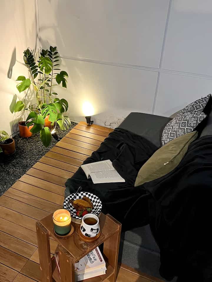 Find a new atmosphere by setting the sofa near the back garden. It turns out it's fun and makes me want to add more plants.

I think it would be more exciting if there was a projector. So you can have movie time 😍😍😍. Hopefully later I can have a protector😆.

#EveningAtmosphere
#FavoriteMoment
#Backyard
#MiniGarden
#MiniGardenatNight
#LightingInspo