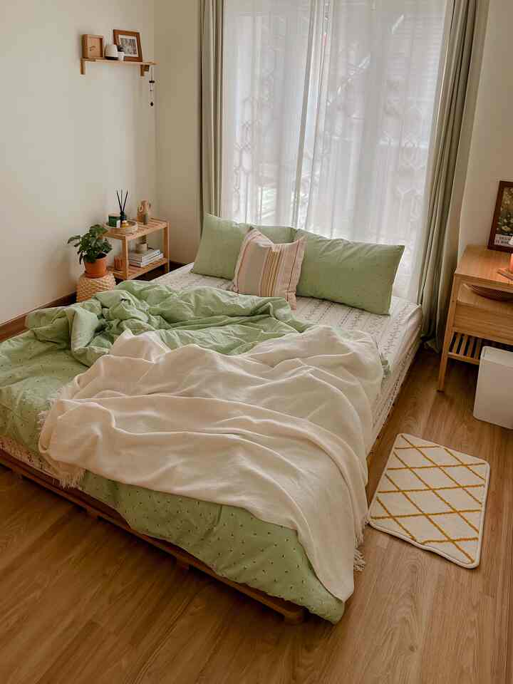 Cozy bedroom with natural wood tones featuring light green curtains and bedding in a warm atmosphere