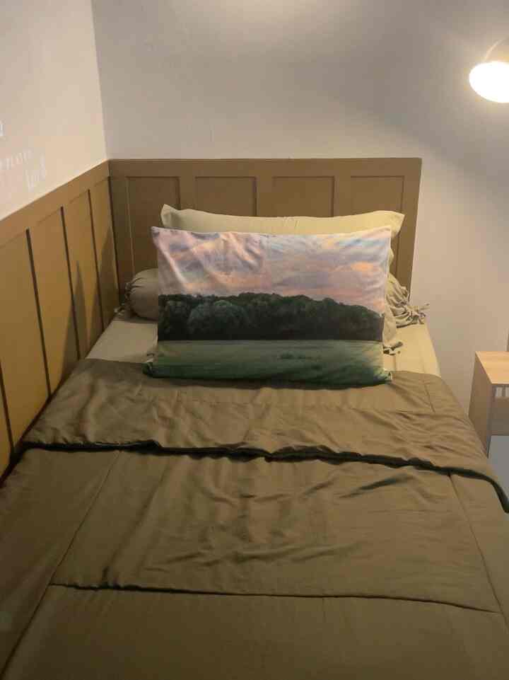 Cozy single bedroom in warm beige tone featuring bed with nature-themed pillow and simplistic decor