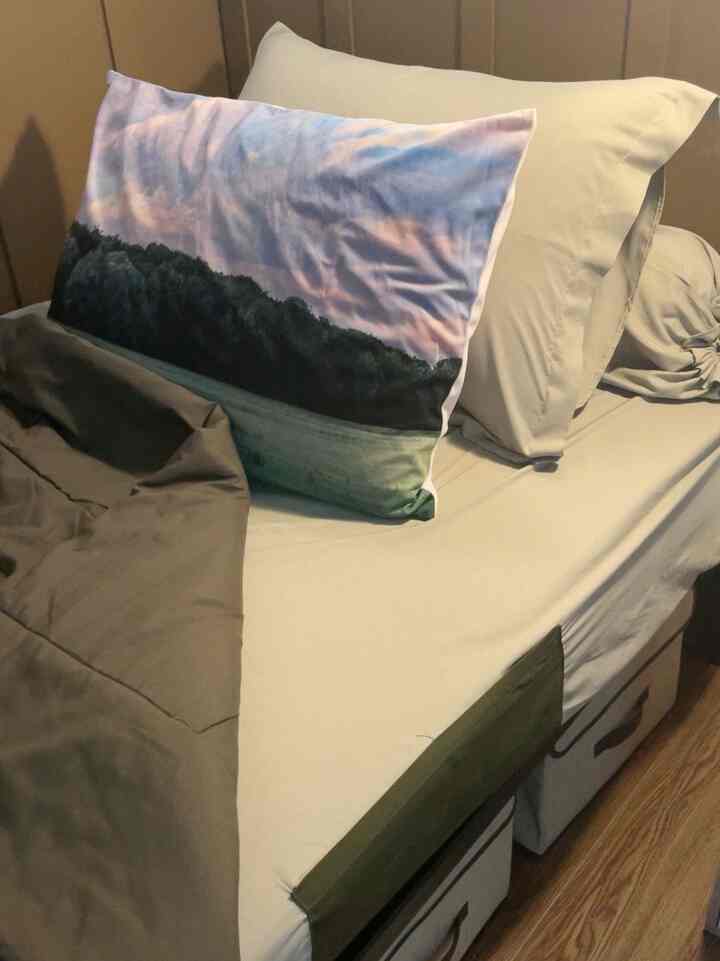 Natural-colored, wood-toned bedroom featuring a bed with pillows and bedding in a cozy single household setting