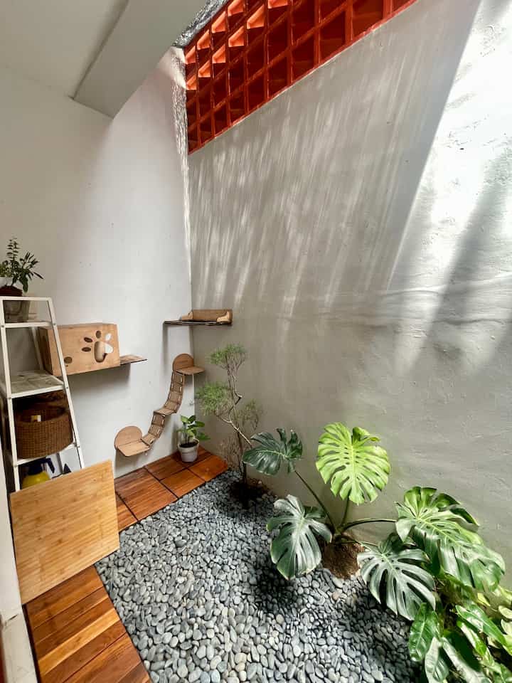 Small indoor garden space with white walls, gray pebble floor, wooden shelves, and a cat house for pets