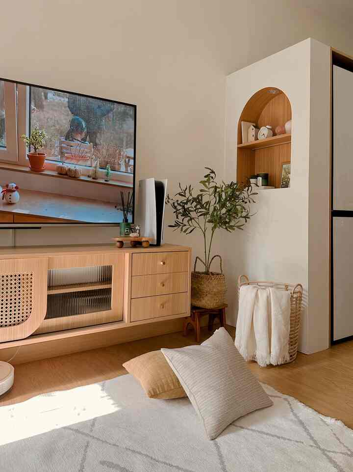 Natural tones and white-walled living room featuring a wooden TV stand with tray and plant decor creating a cozy atmosphere