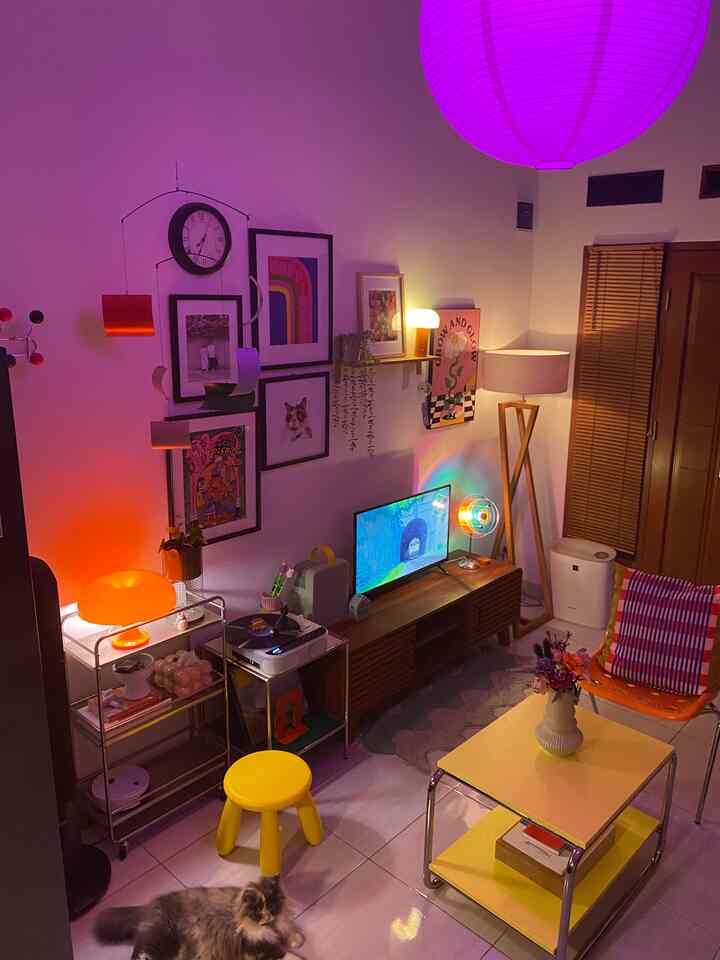 Yellow and red toned living room featuring mid-century modern furniture and posters with a cozy atmosphere and a pet cat present