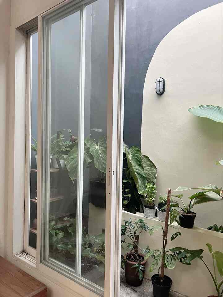 Natural-toned inner court space featuring large white sliding doors and assorted potted plants creating a cozy indoor atmosphere