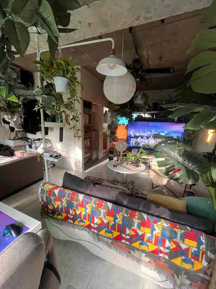 Modern living room with gray concrete ceiling and abundant plants, featuring a sofa with colorful runner and pendant lights in a compact space