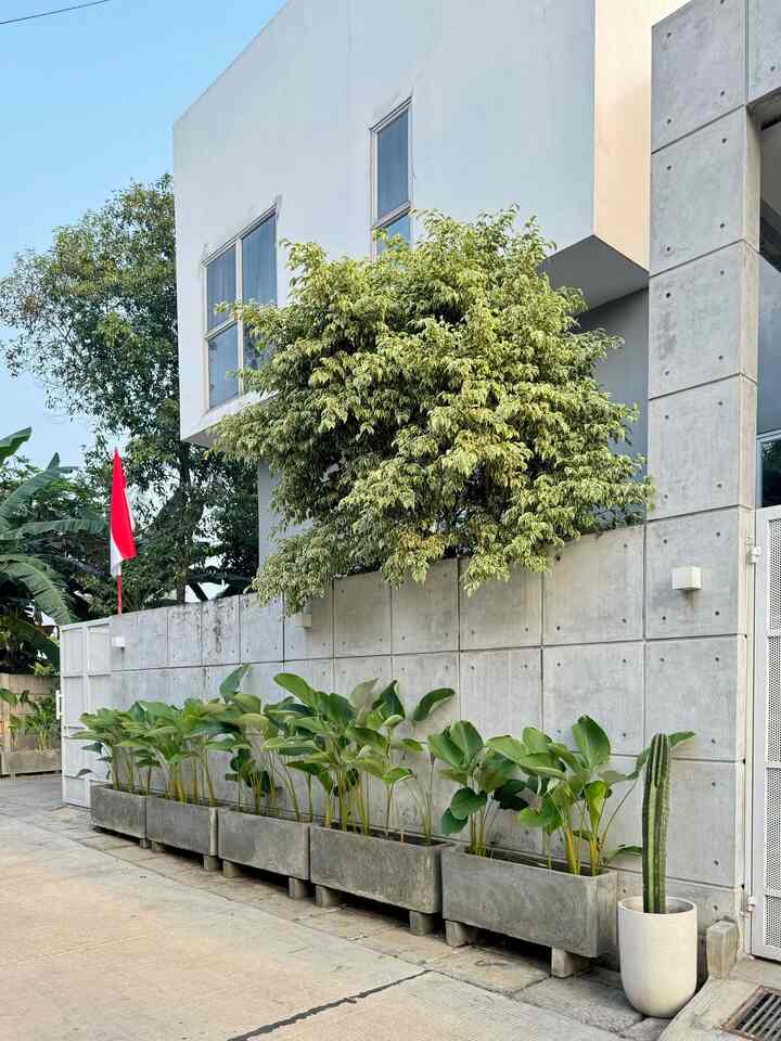 Halo! ini fasad Rumah Semak yang mungkin sering kamu lihat, hehe.

karena lokasi rumah kami di hook maka kami memiliki fasad depan dan juga fasad samping. Dari depan terlihat fasad rumah ke arah industrial modern.

untuk fasad depan memakai cat putih dan abu, serta semen ekspos di bagian pagar, dengan aksen kotak industrial ala arsitek Jepang, Tadao Ando.

di fasad depan juga terlihat overhang seluas 1m sehingga diatas seperti kotak yang ditaruh yang membuat fasad makin unik dan iconic

untuk fasad samping, overhang tidak seluas depan, namun di bagian belakang terlihat ada roster dan atap kaca tempat innercourt berada. ini yang membuat innercourt menjadi berlimpah cahaya matahari dan sirkulasi udara yang lancar.

#facadestyle #materialfasad #InspirasiFasad #rumahindustrial #rumahtropis