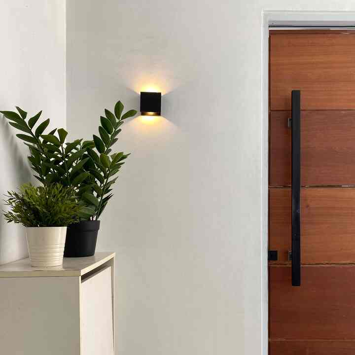 Clean entrance space with white walls, brown wooden door, and two potted plants on a cabinet to the left
