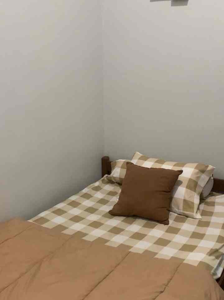 Beige and brown toned bedroom featuring a checkered bedspread and solid color cushion in a cozy single-occupancy room