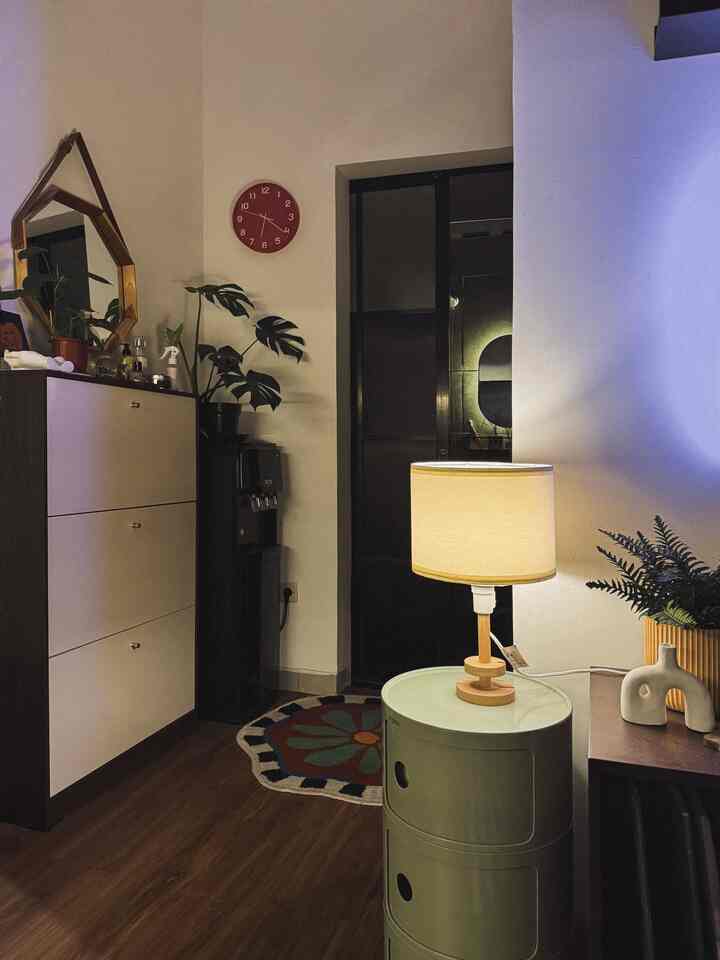 White walls and brown wood flooring define a compact living room featuring a green side table, warm lighting, and potted plants, creating a cozy atmosphere