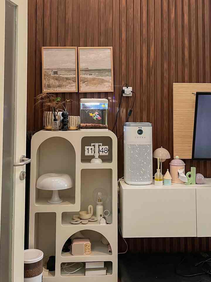Living room with dark wood tone wall, beige shelf unit, various decor items, and an air purifier arranged neatly