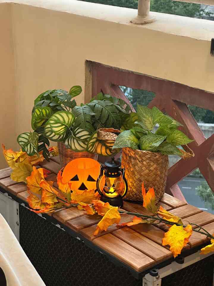 Beige wall balcony space featuring wood tone table with rattan basket plants and orange Halloween pumpkin decoration