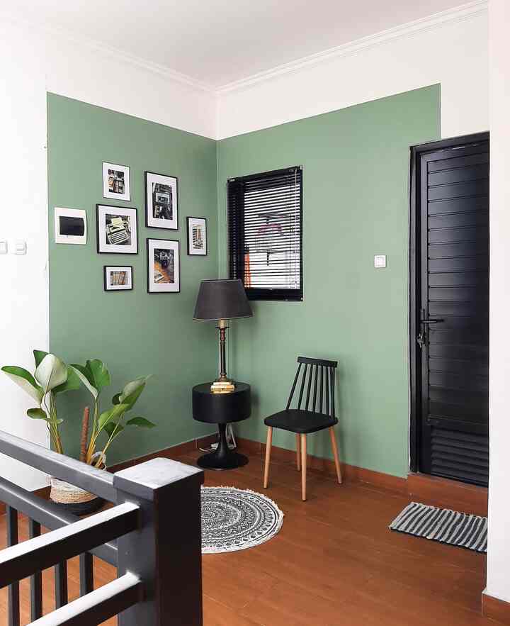 Modern entrance space with light green walls and black furniture, featuring natural plants and a rug creating a cozy atmosphere