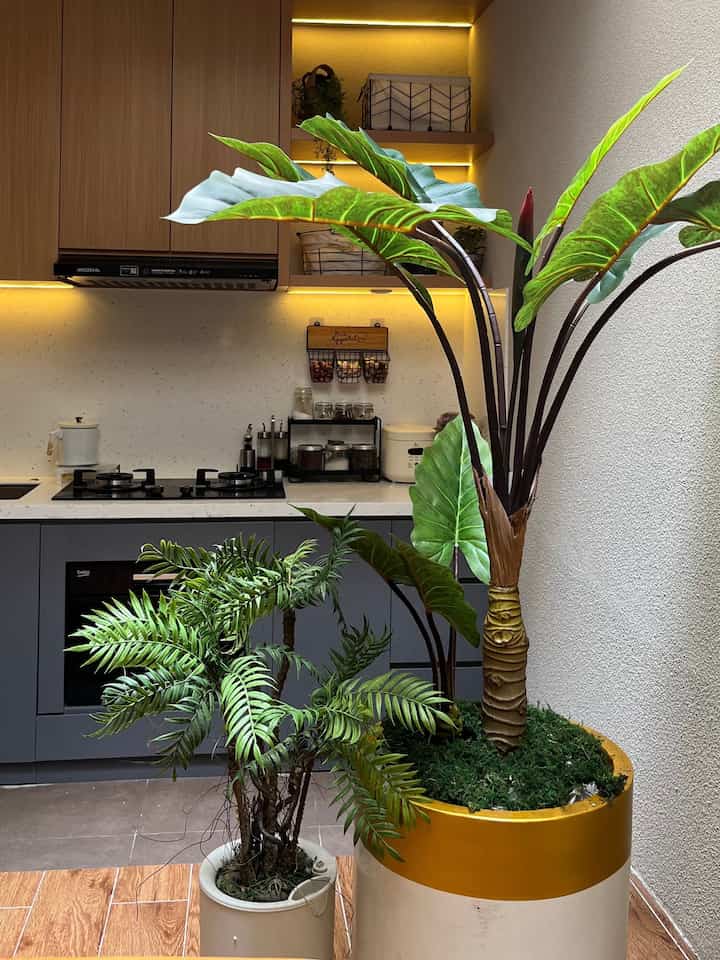 Ini adalah dapur kotor kami, satu ruangan dengan ruang makan, designnya lebih sederhana dibanding dengan dapur bersih karena mengutamakan efesiensi pemakaian, kompor, dishwasher dan sink, pemilihan warna masih netral, abu, putih, krem, hitam, kami menambahkan beberapa tanaman artificial untuk menambah kesan segar dan hangat
#dapurmodern  #myhouseinspiration #kitchenset #tanamanartificial #dapurkotor