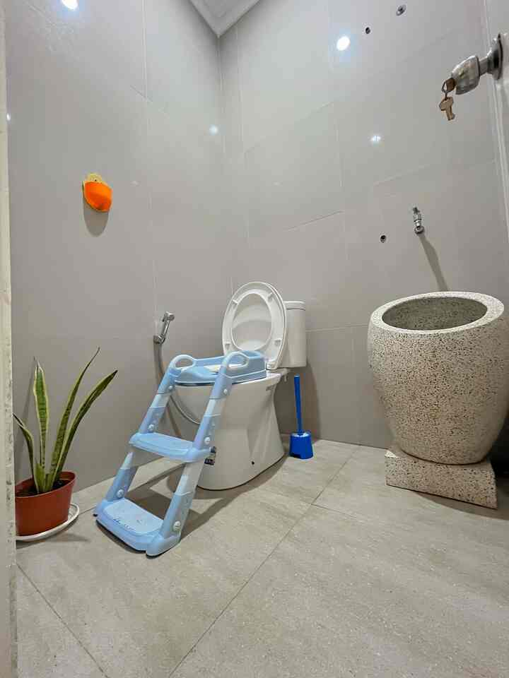 Beige-toned square bathroom featuring a baby toilet training seat, toilet brush, and small potted plant in a simple layout