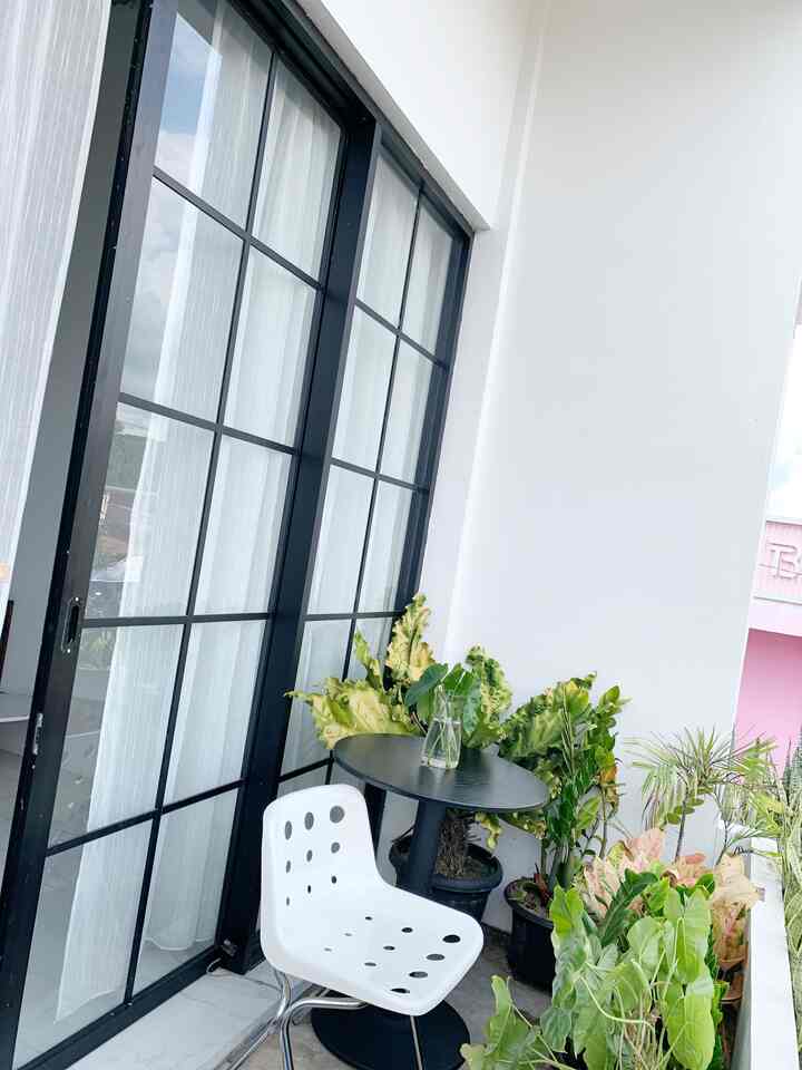 Balcony space with white walls and black-framed windows, featuring various green plants creating a cozy atmosphere