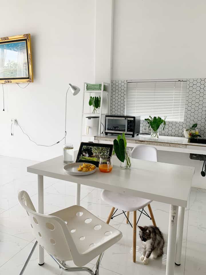 Karena belum memiliki kitchen set. Aku memanfaatkan rak dari ikea sebagai tempat penyimpanan storage, airfryer dan slow juicer.
Di dapur ini tidak ada aktifitas memasak dengan kompor, jadi memang ini dijadikan dapur bersih.

Walaupun terlihat sangat simpel, tapi ini terlihat lega dan fresh.
#keramikdapur #rakdapur #mejadapur #kursimakan #storage #keramikmozaik 
#InspirasiKitchen
#InspirasiDapur