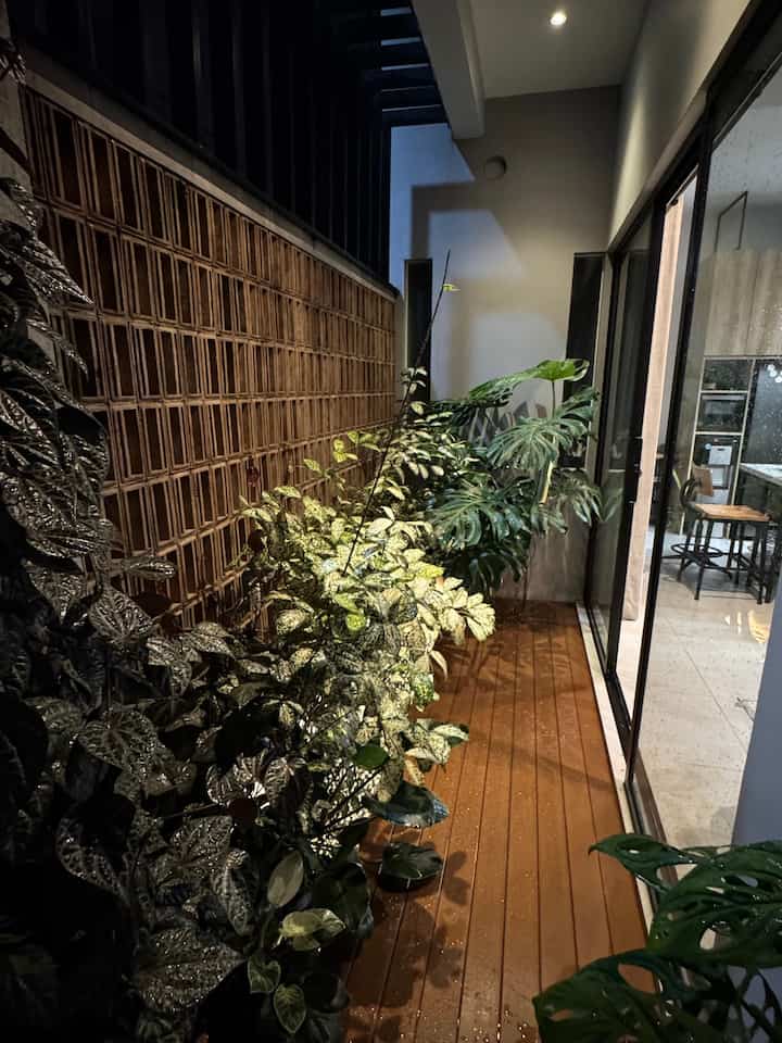 Taman Kering di Malam Hari
 
Habis hujan itu suasana syahdu, lantai decking lagi basah sisa hujan

Ditanami banyak tanaman yg pencahayaannya tidak terlalu menyengat 

Dan paling suka kalo malam2 pintu dibuka gini, lebih cozy aja 

#bumitimi #patio #tamankering #deckingkayu #deckingconwood #roster #tanamanhijau #tamanberanda 