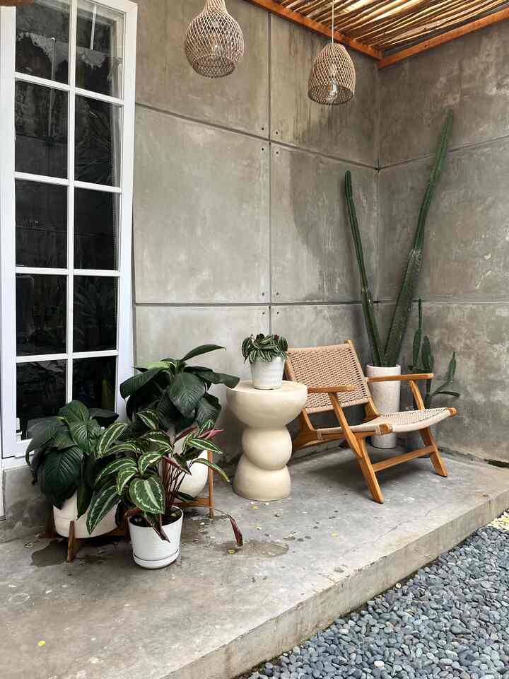 Gray concrete wall balcony featuring light brown rattan armchair and lush plants with natural ambiance