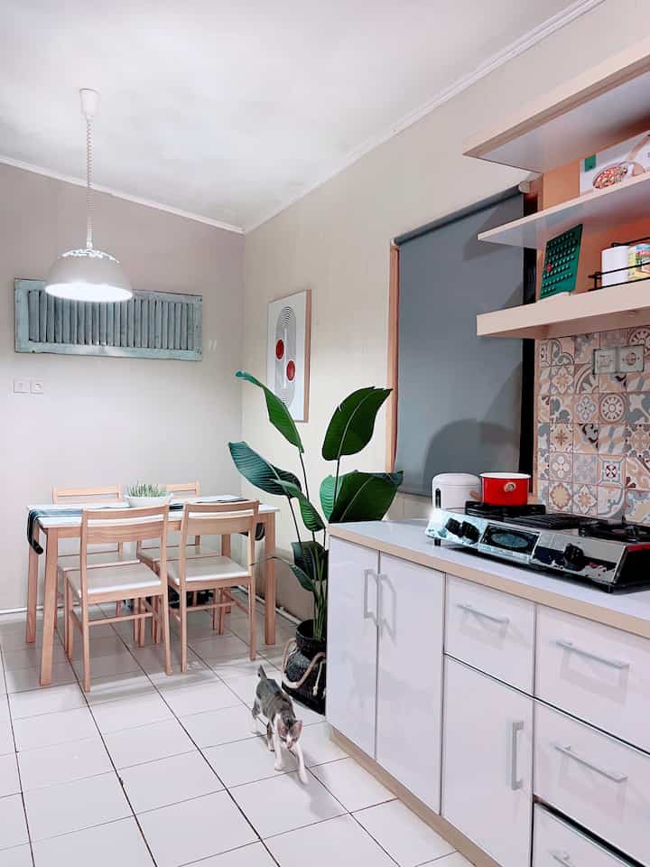 White and beige toned kitchen and dining room featuring wooden furniture and a cat walking on tiled floor