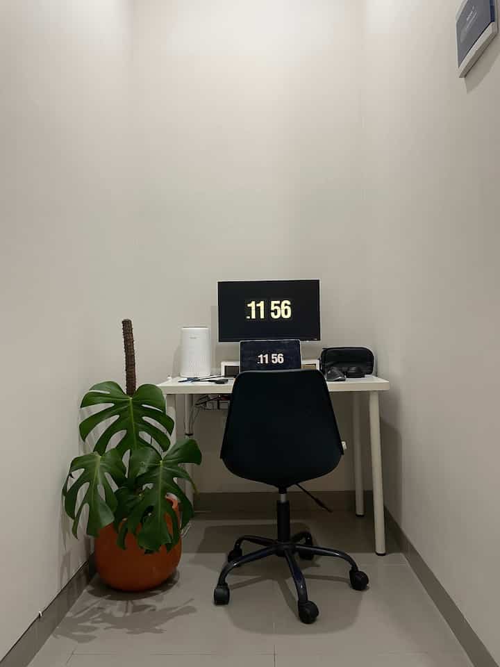 White and black toned narrow long home office featuring desk, office chair, and monstera plant creating a neat workspace