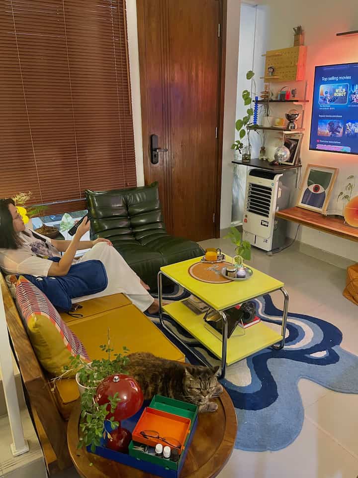 Cozy living room with warm wood tones and yellow and blue accents, featuring a sofa, a cat, and a TV