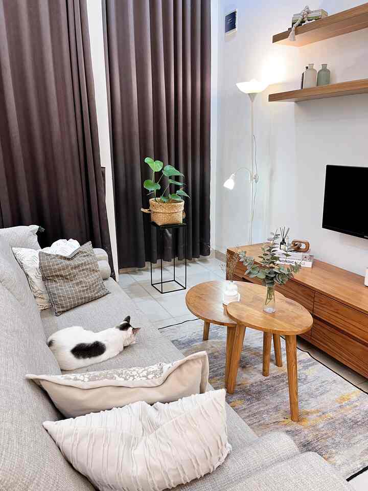 Natural-tone living room featuring a modern sofa, wooden tables, and floor lamp creating a cozy atmosphere